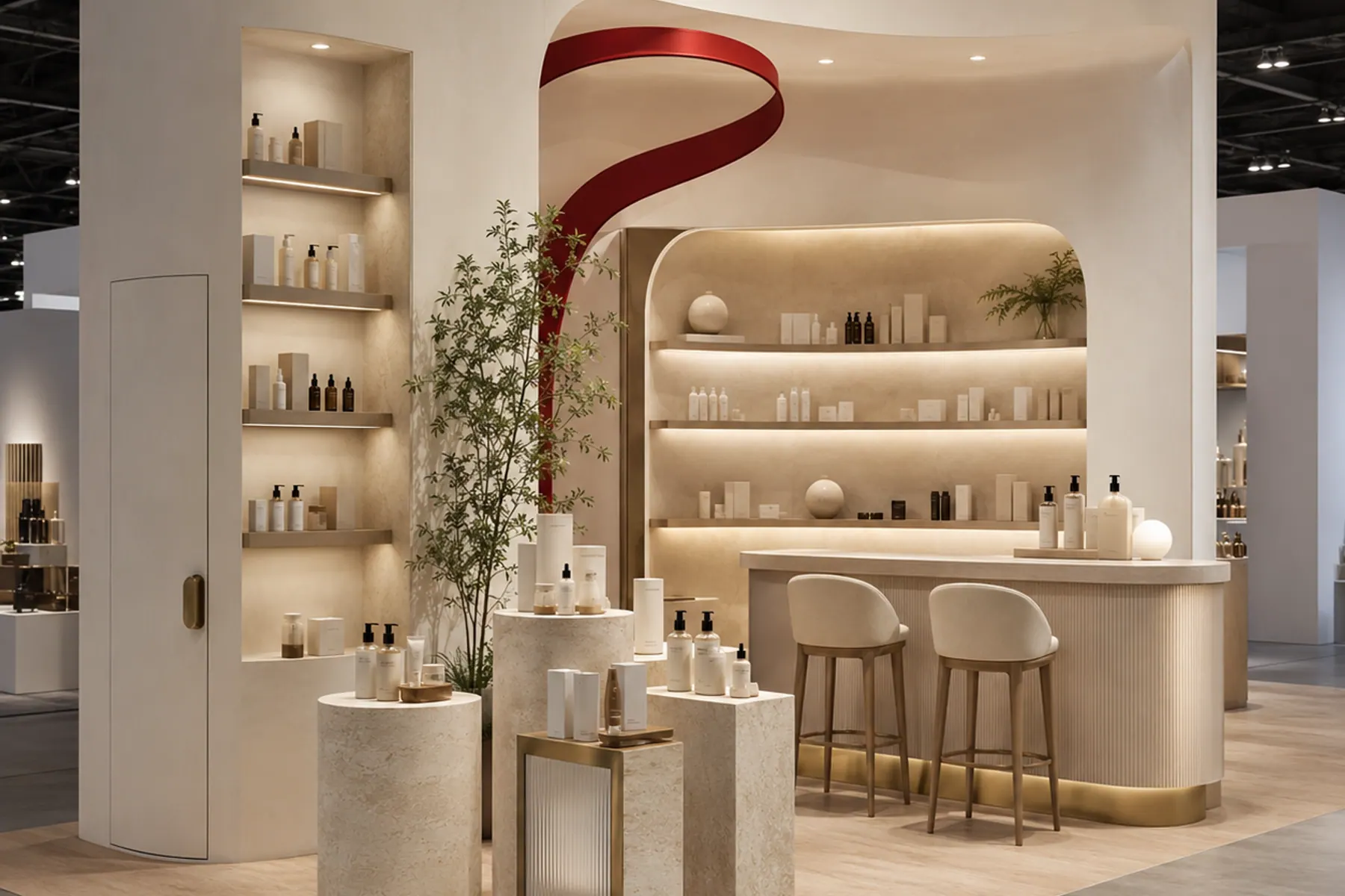 A cosmetics stand in cream and travertine: a curved wall carrying a single red ribbon graphic, lit product niches, stone plinths and a fluted serving counter.